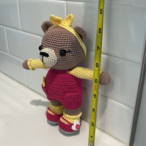 Handcrafted Brownie Bear Doll Figure in Dress Crochet Amigurumi Toy Floral Sunny - Picture 10 of 13